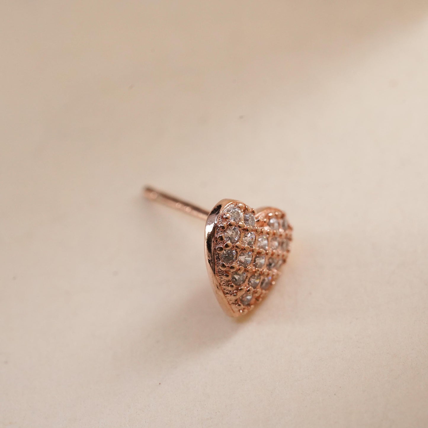 vermeil rose gold over Sterling 925 silver heart stud with cz, single earring