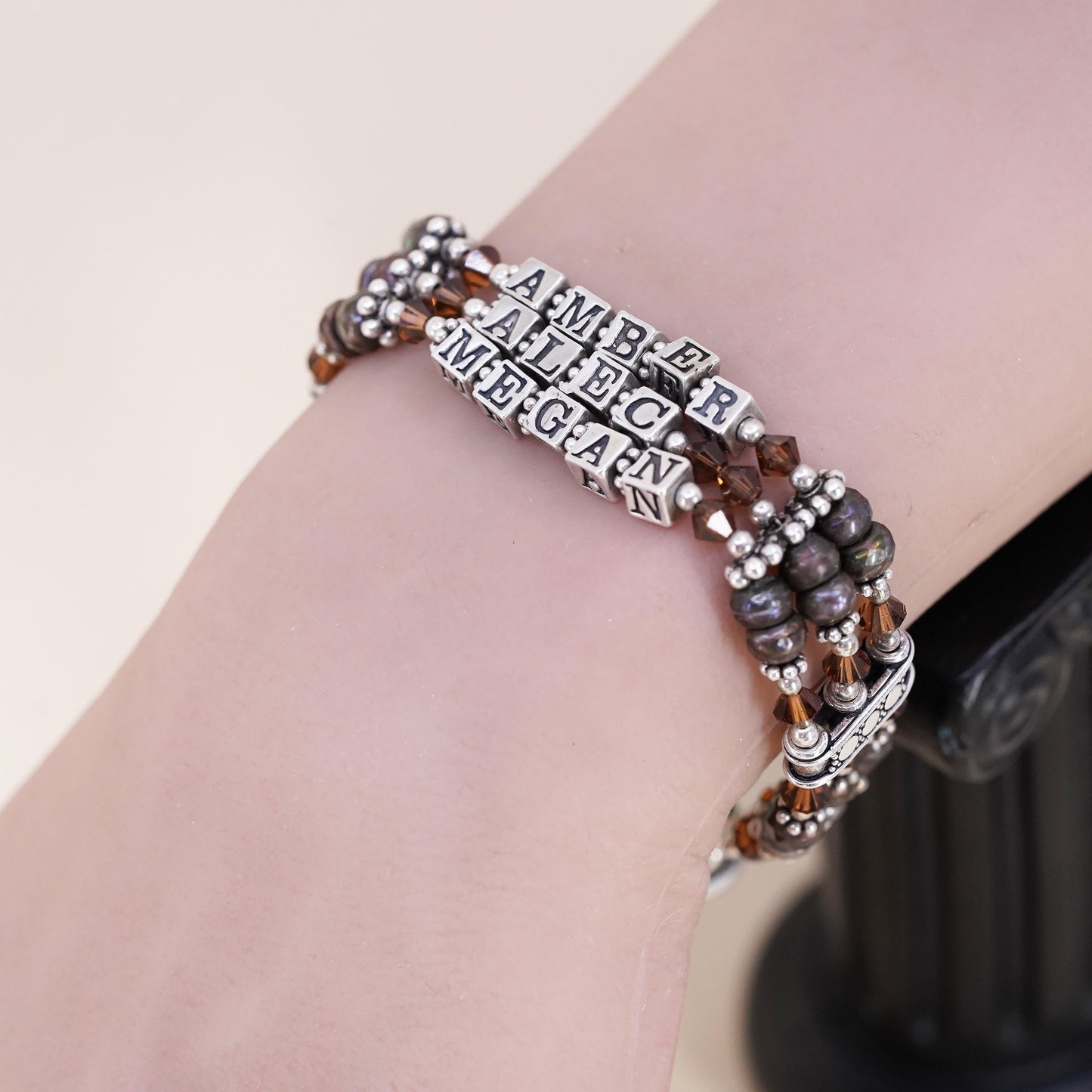6.5”, sterling silver bracelet multi strands 925 pearl name Amber Alec Megan