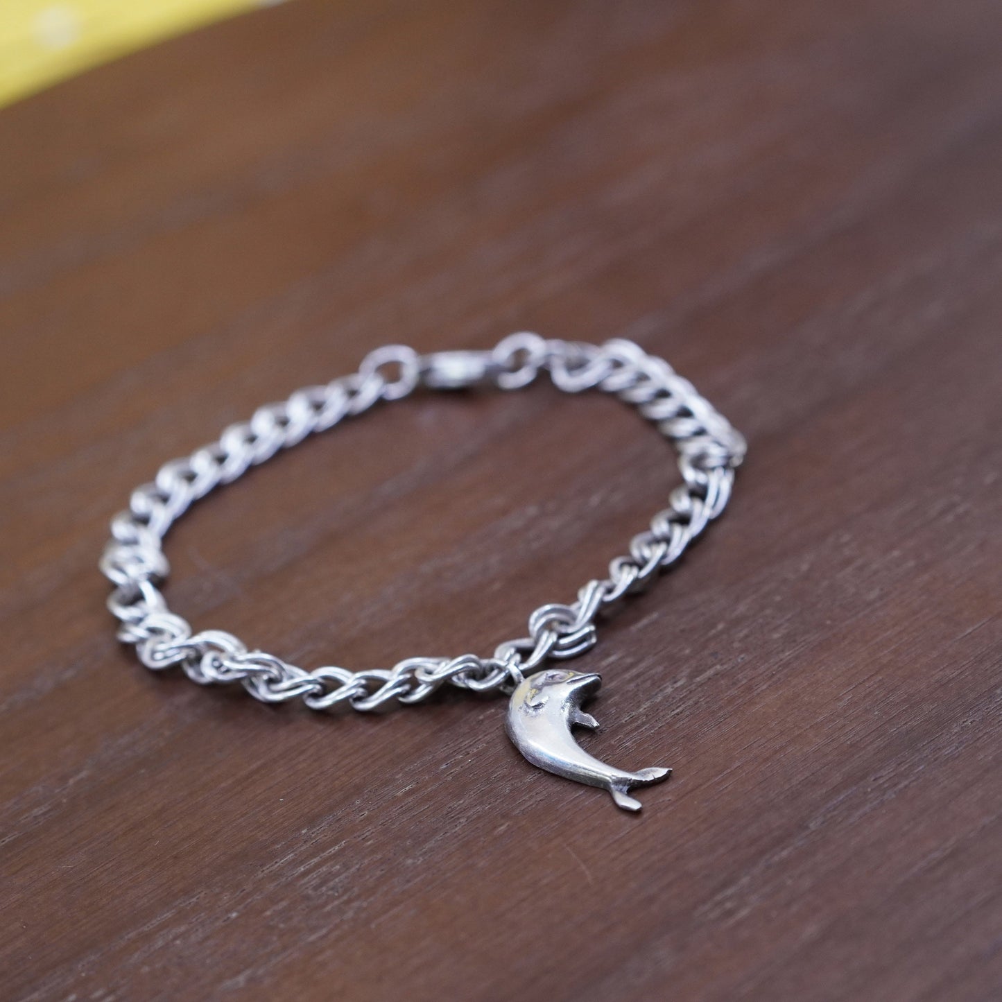 6.5”, Sterling silver double curb bracelet, 925 chain bracelet dolphin charm