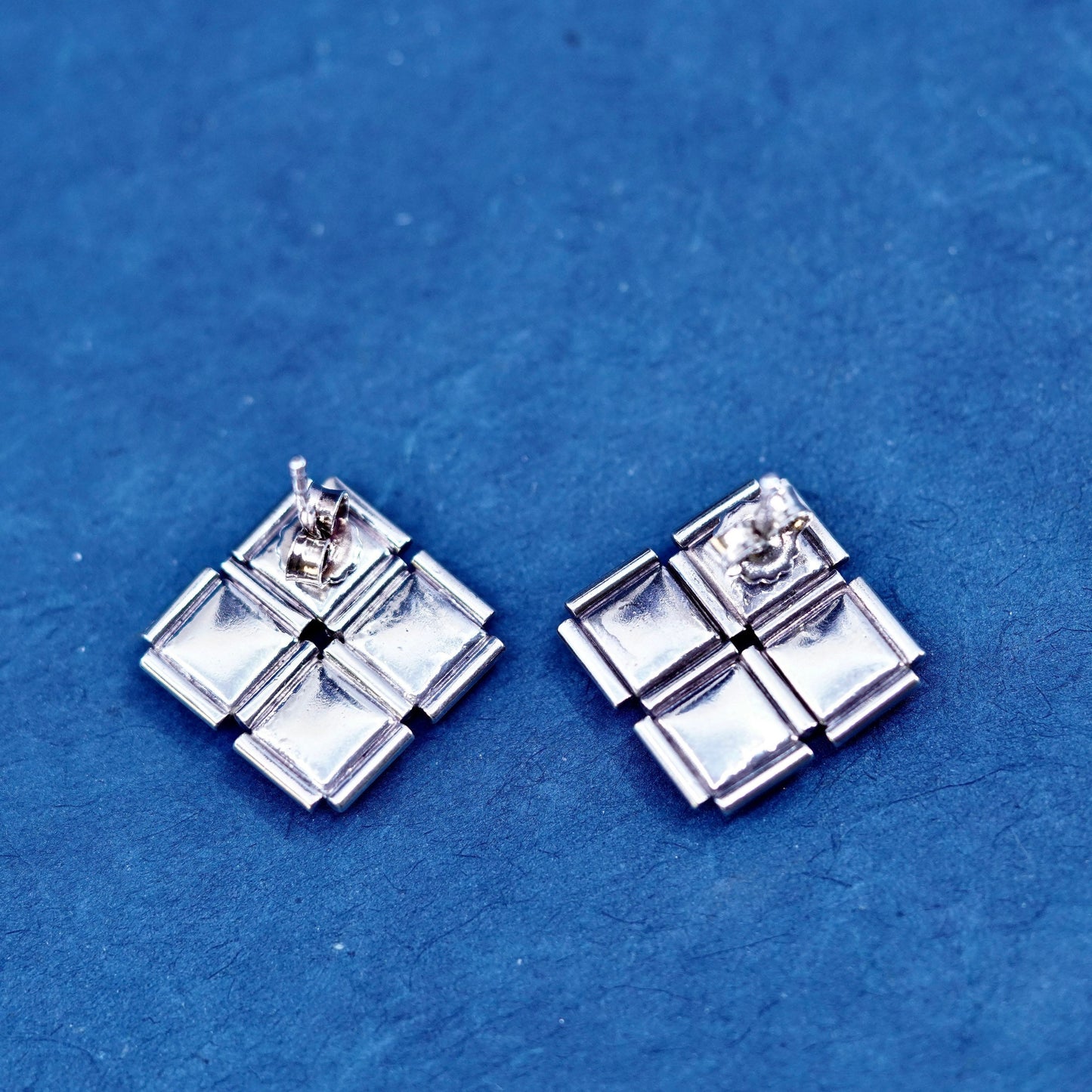 Vintage sterling silver handmade earrings, 925 square studs with amber