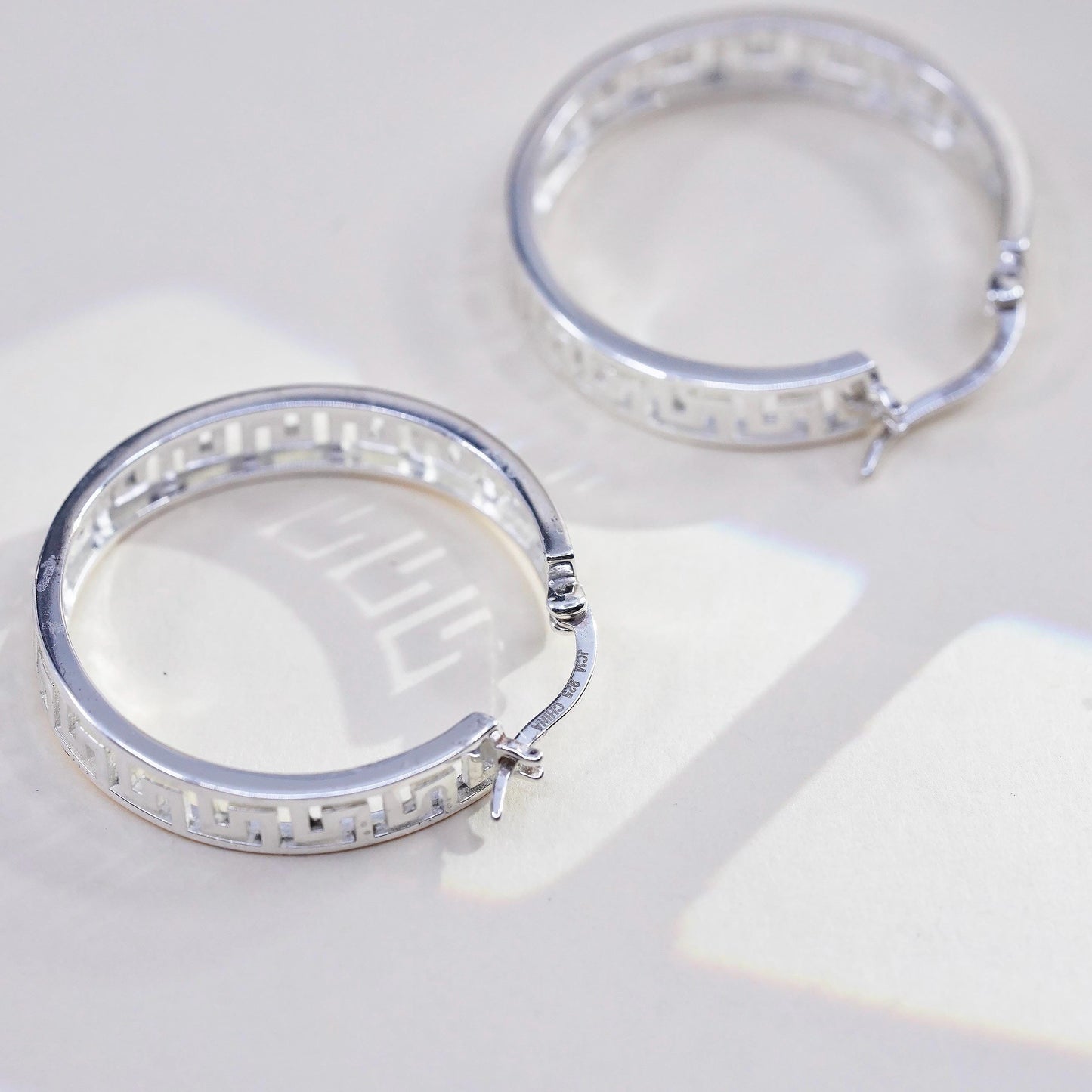 1", Vintage 925 sterling silver loop earrings, fashion Greek key openwork hoops
