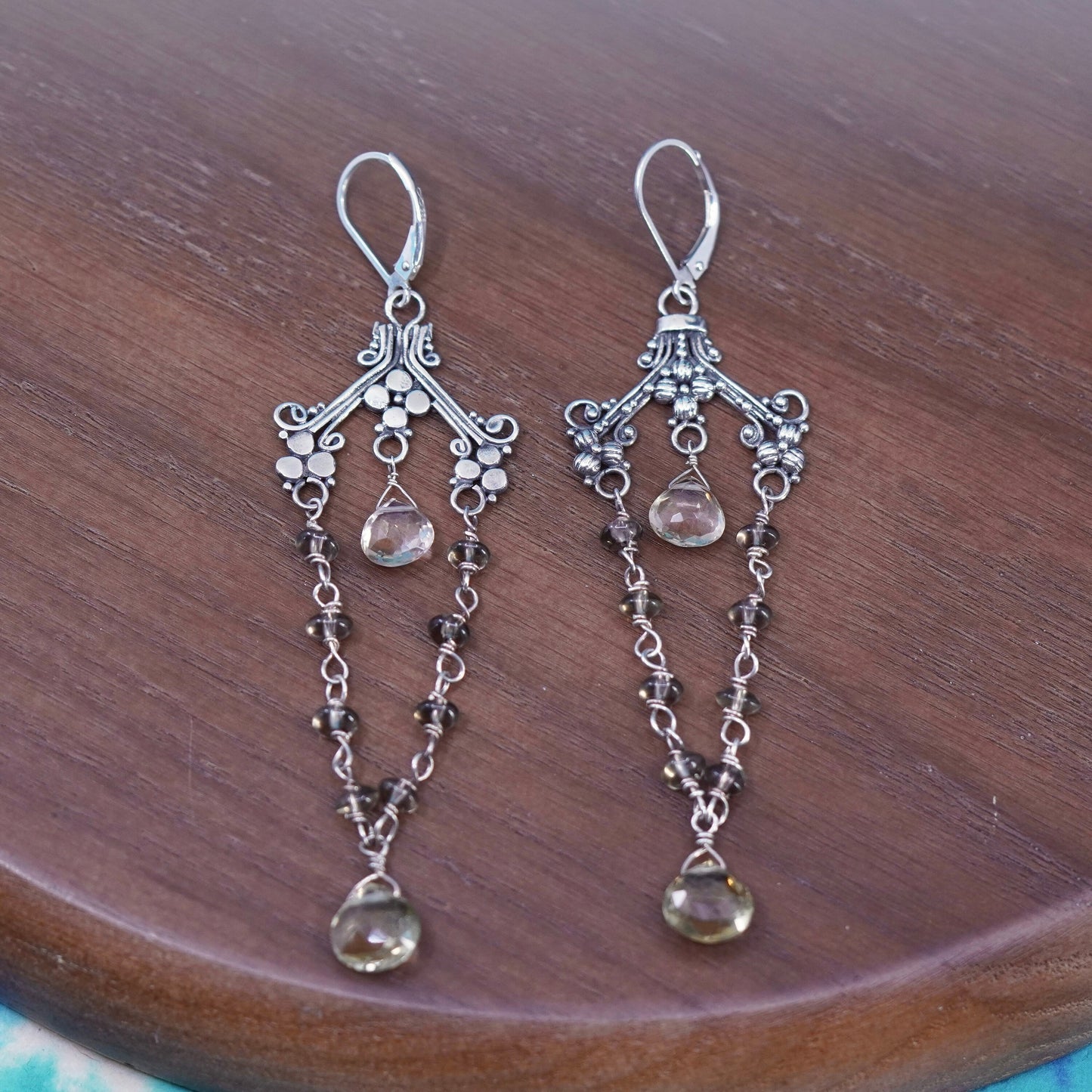 Sterling 925 silver handmade extra long earrings teardrop smoky topaz, dangle