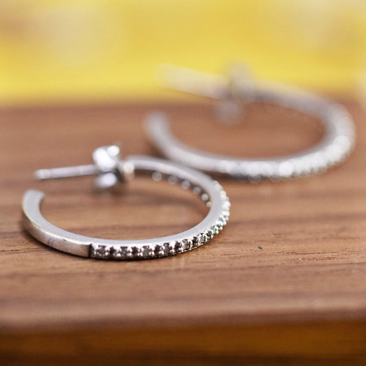 1”, Vintage Sterling 925 silver huggie studs earrings with clear Cz