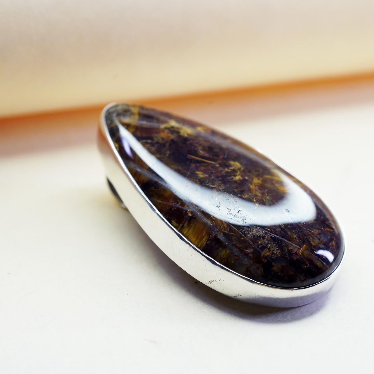 Vintage sterling silver teardrop with golden Pietersite, 925 handmade pendant