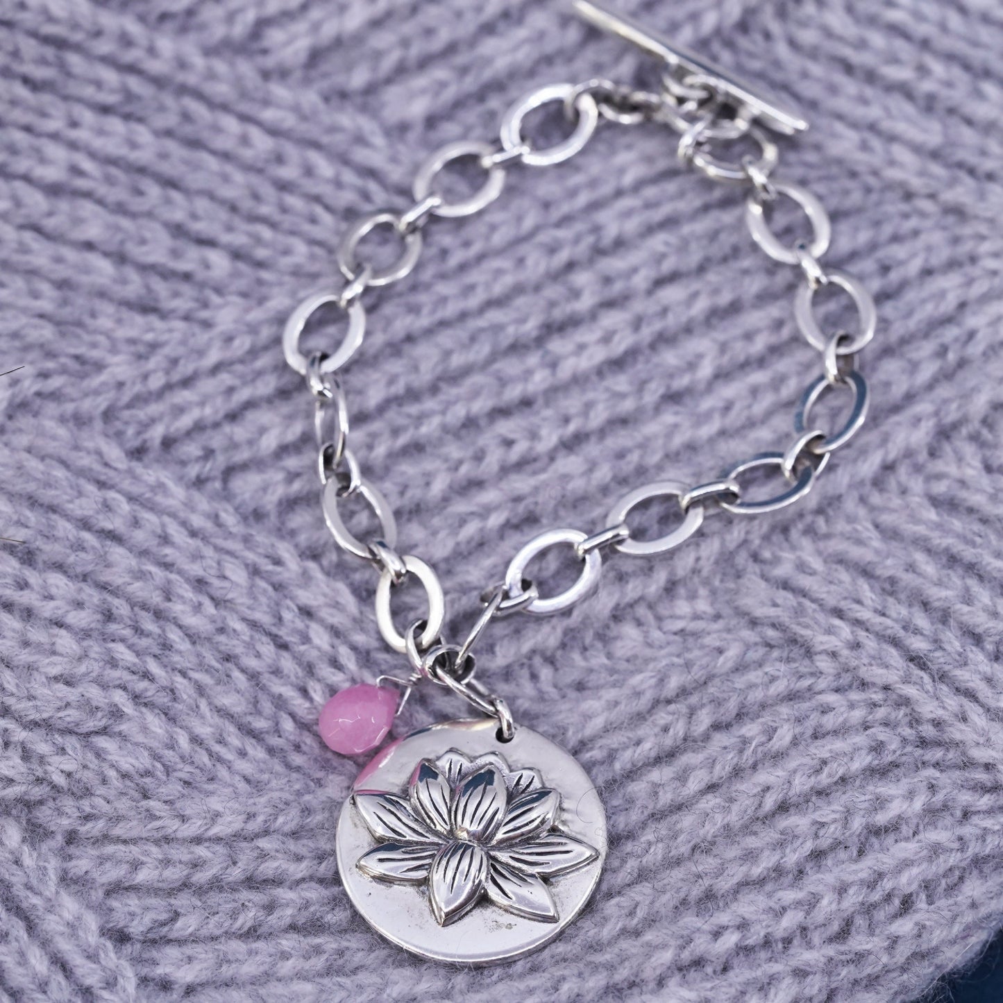 6.75", Sterling silver bracelet, 925 flatten circle chain lotus flower charm