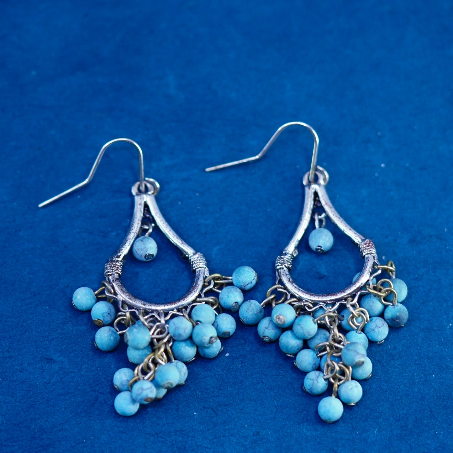 Silver Tone handmade earrings with cluster turquoise beads