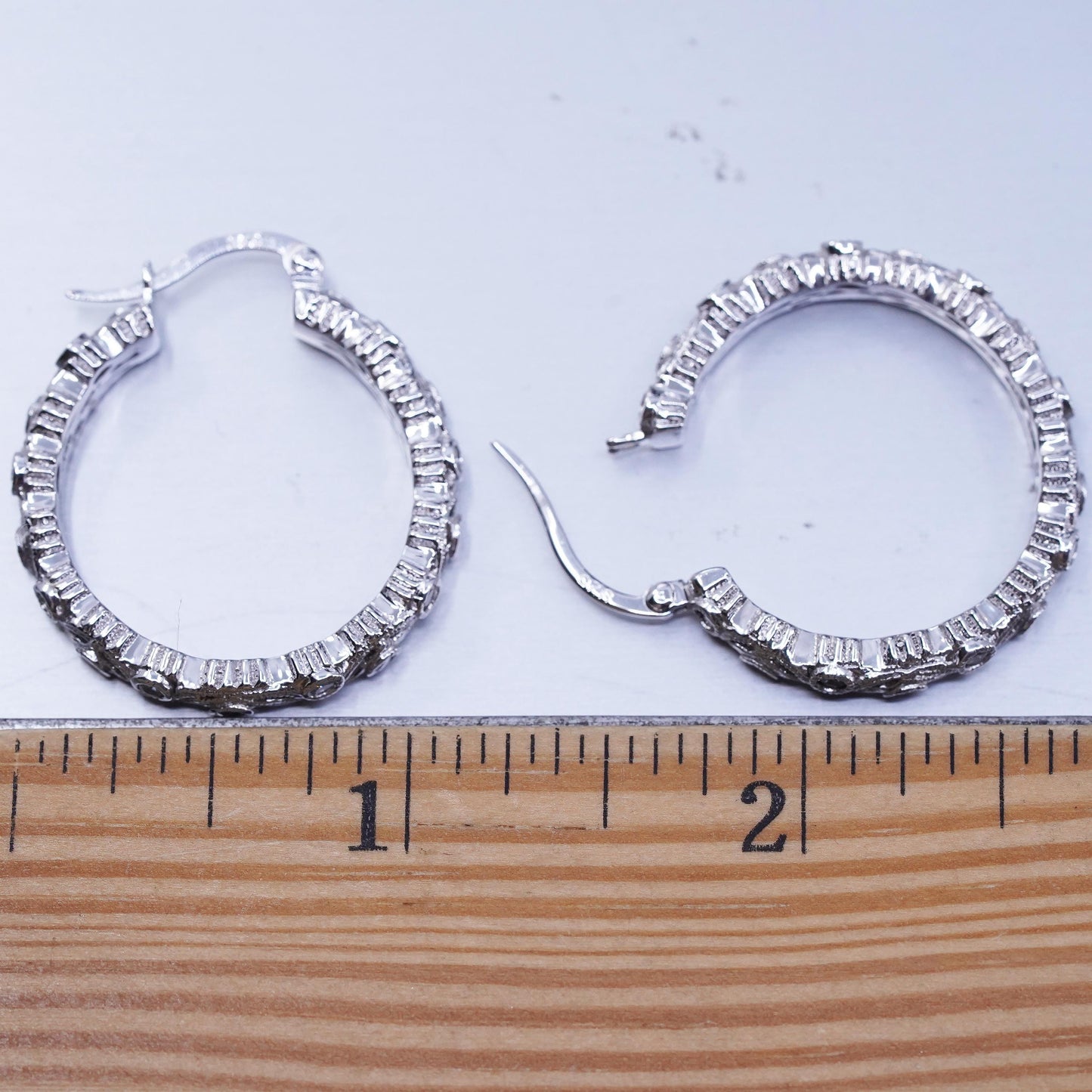 1.25”, vintage Sterling silver handmade earrings, 925 huggie hoops cluster Cz