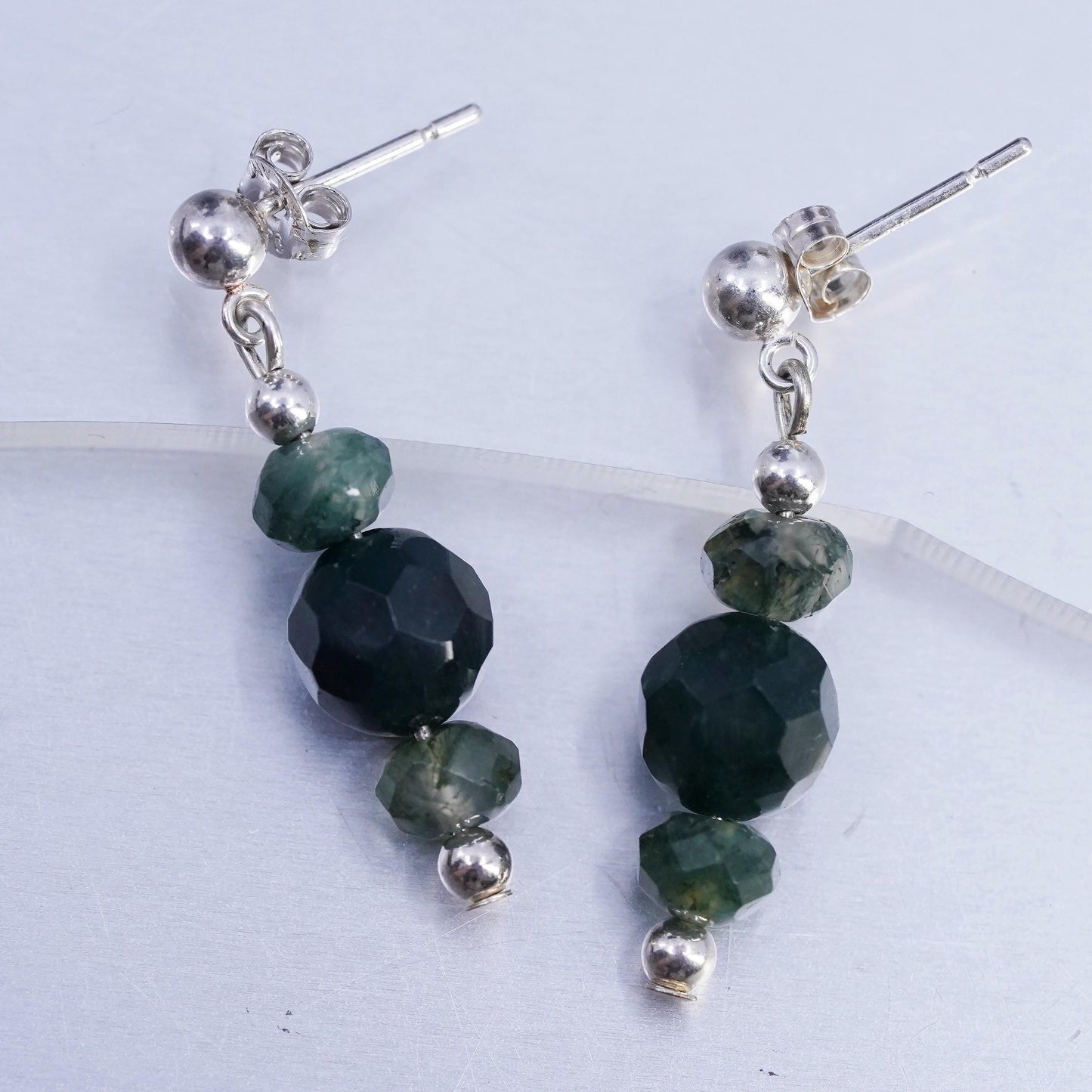 Vinatge sterling silver handmade earrings, 925 studs with moss agate beads