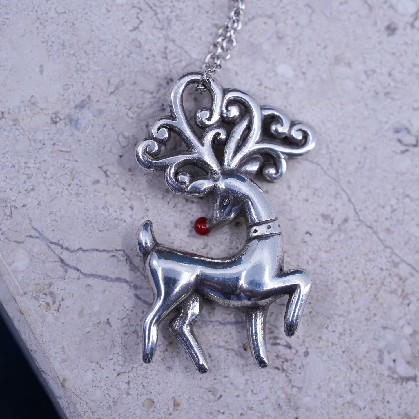 18” 1mm, vintage Sterling silver Pearl necklace, 925 circle chain deer pendant