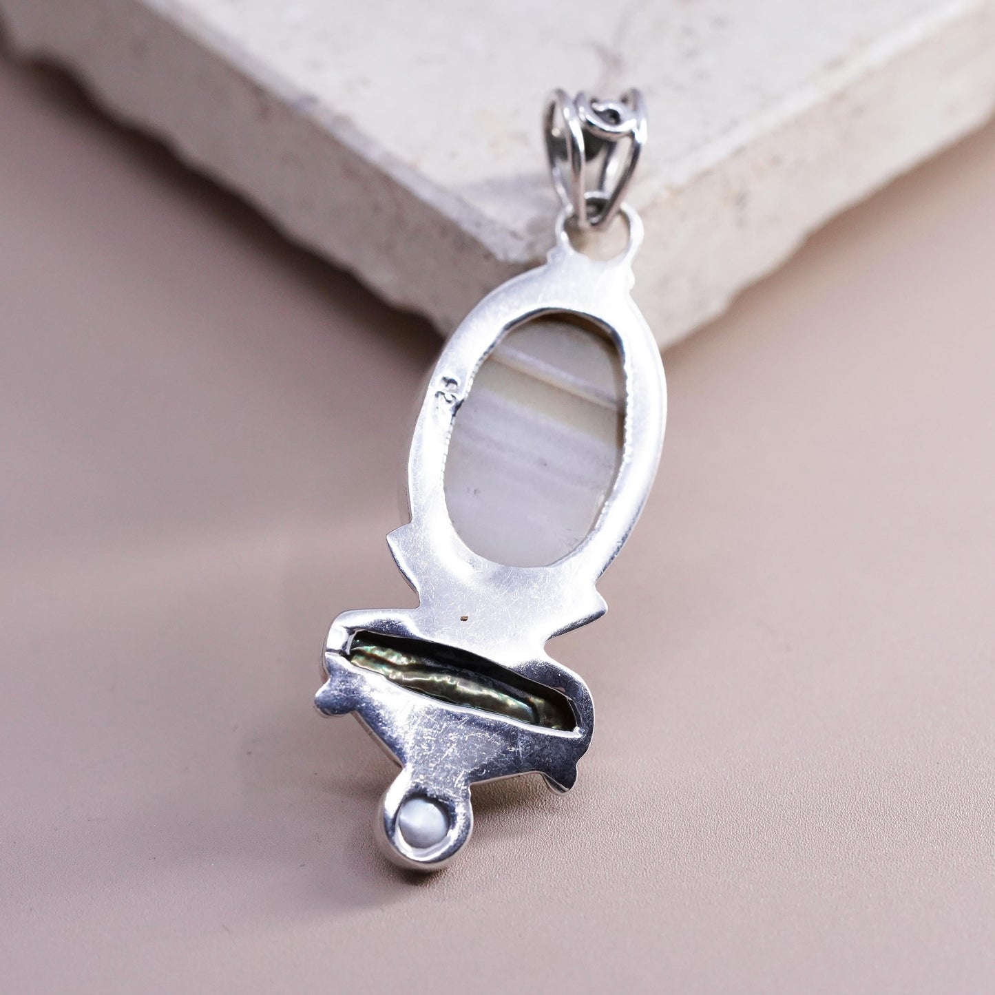 Vintage Sterling silver 925 handmade pendant with agate and baroque black pearl