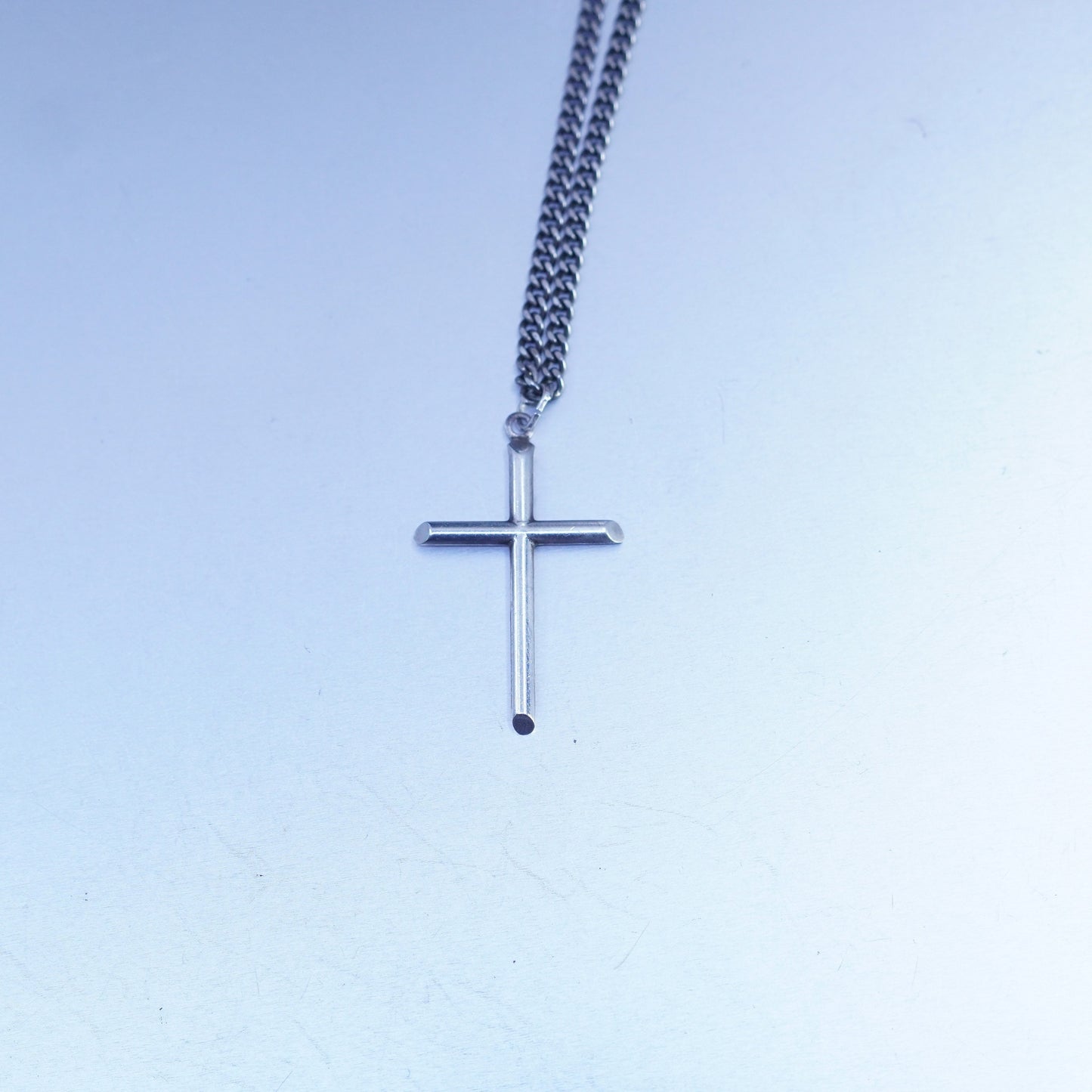 24” 3mm, vintage Sterling 925 silver handmade curb necklace with cross pendant