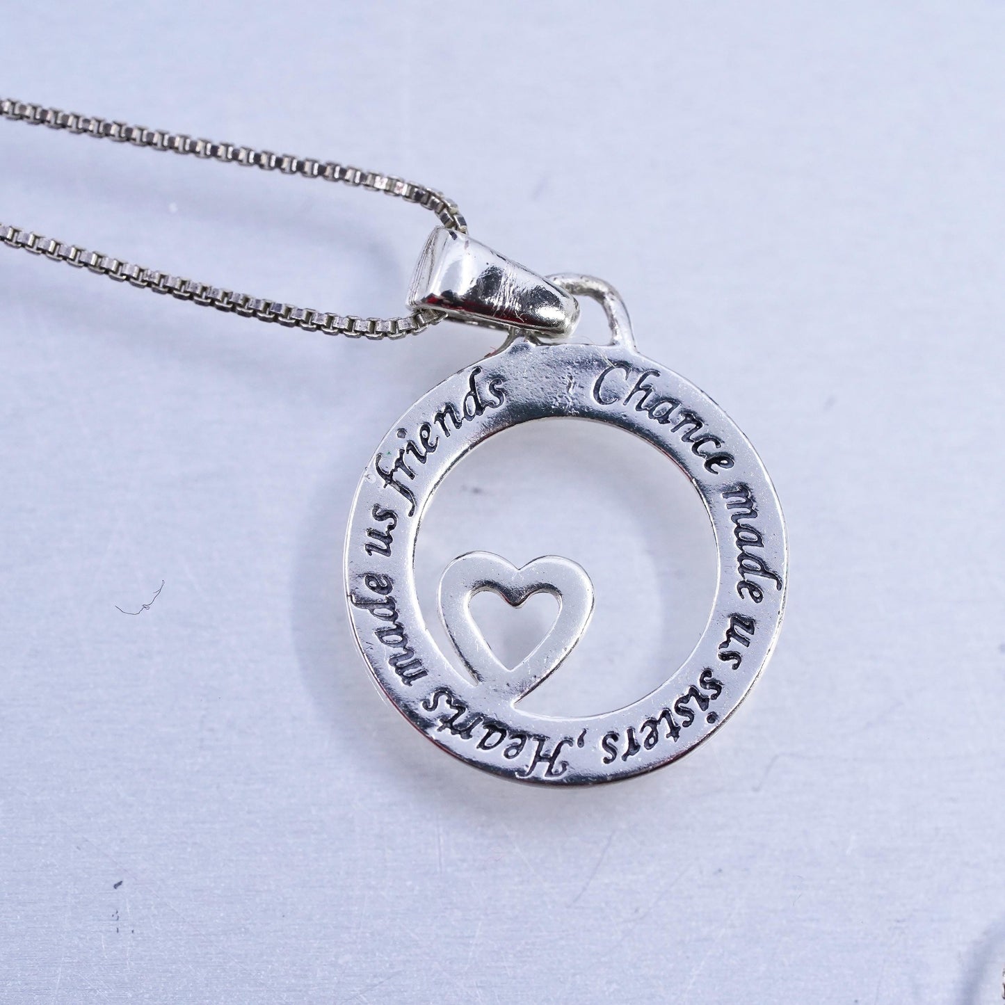 18", Sterling 925 silver pendant necklace circle heart pendant sisters friends