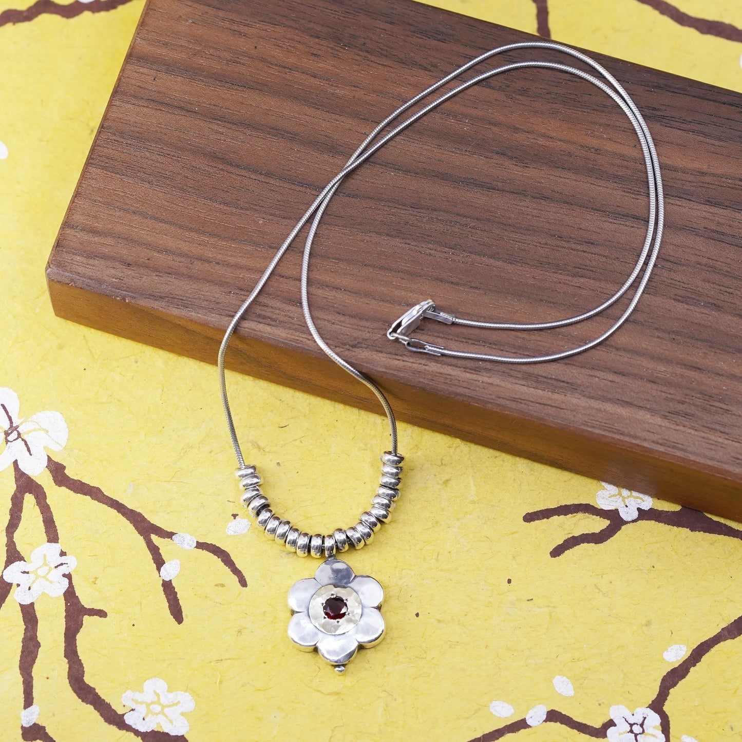 18” Vintage 14K flower Sterling silver pendant, 925 snake chain necklace beads