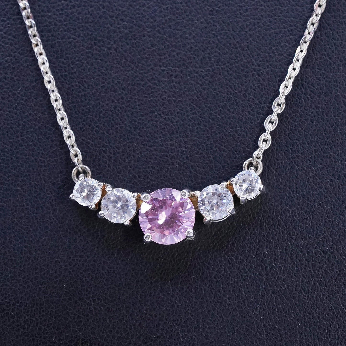 18+3", Vintage sterling 925 silver necklace, rope chain w/ pink crystal pendant