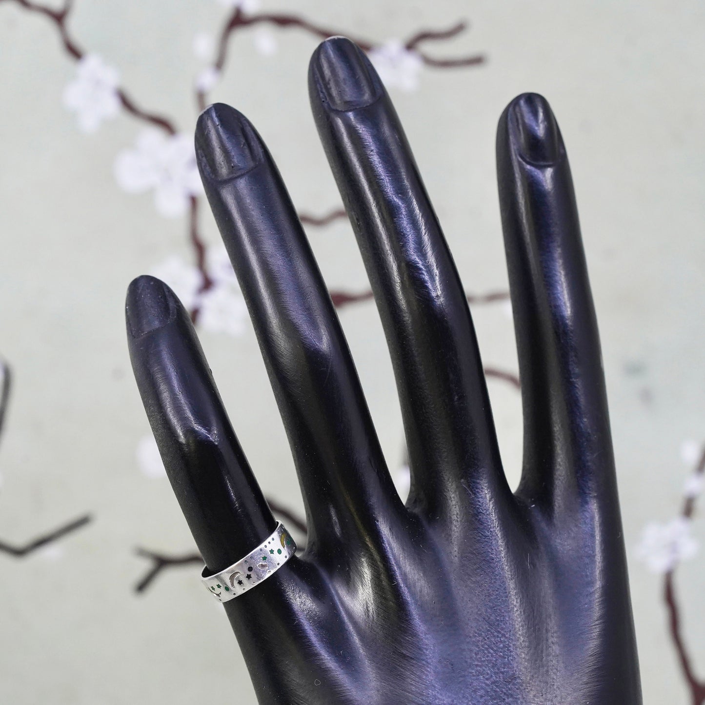 Size 4, Vintage sterling silver handmade ring, star moon 925 band with open end