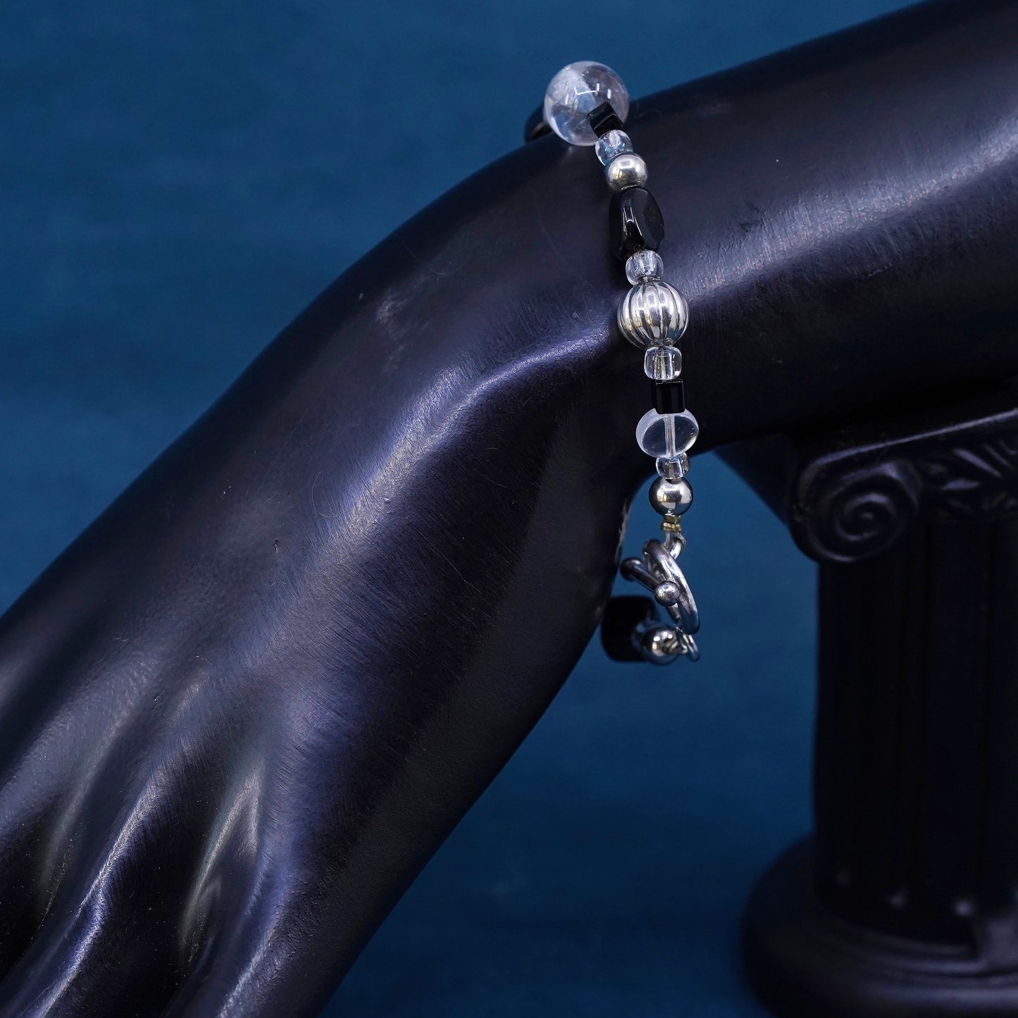 7”, VTG sterling 925 silver handmade Bali bracelet with obsidian crystal beads