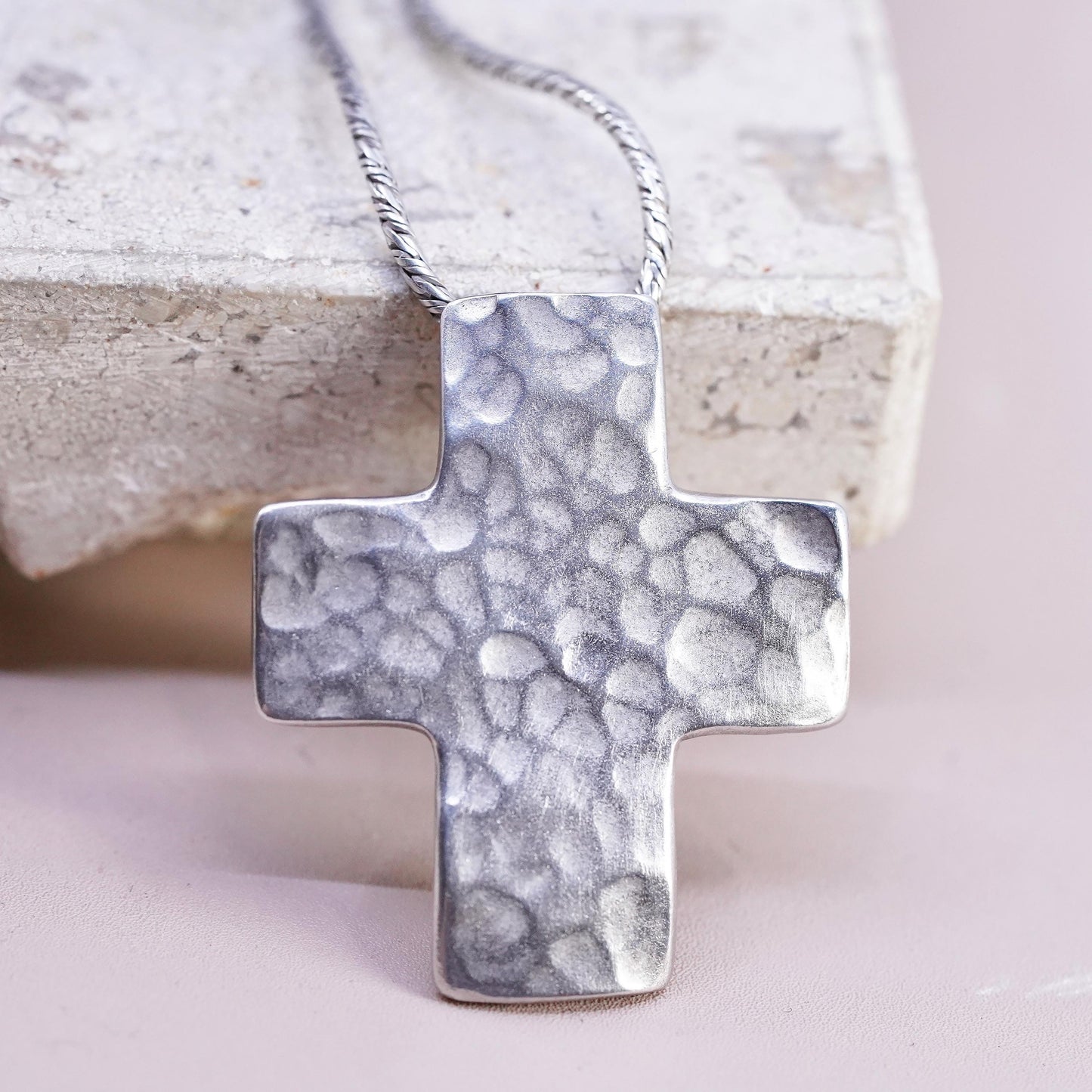 18" VTG Israel Sterling silver necklace, 925 snake chain textured cross pendant