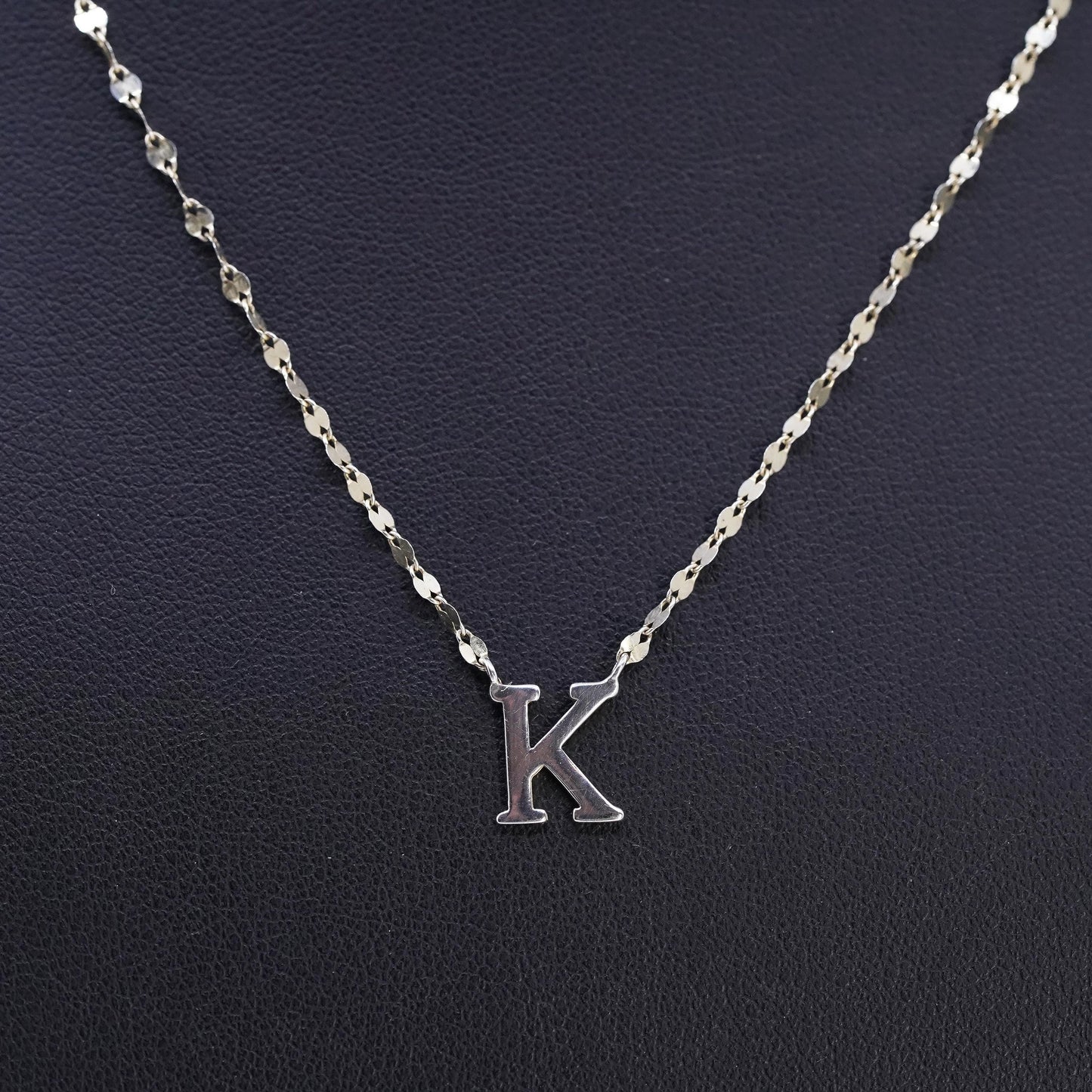 16+2", gold plated Sterling silver necklace, 925 flatten chain letter K pendant