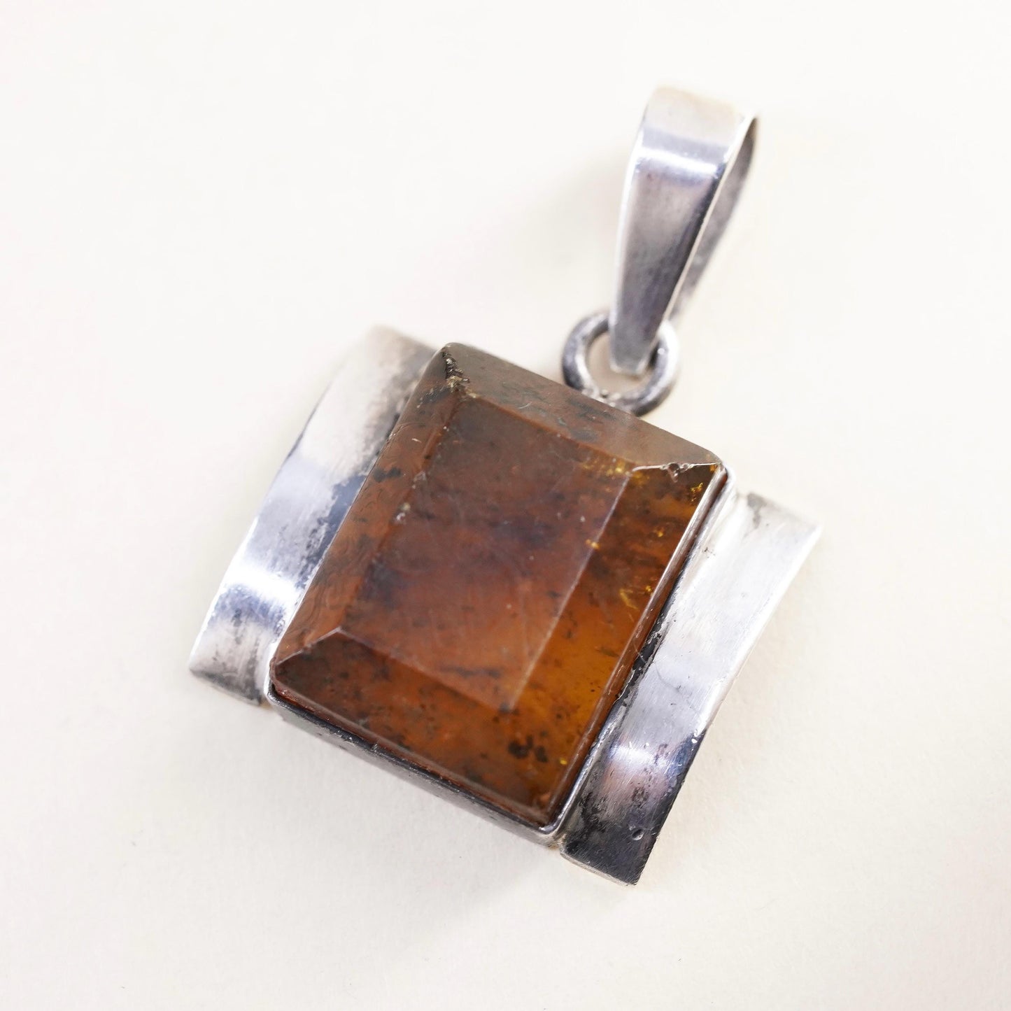 Vintage sterling 925 silver handmade square pendant with amber
