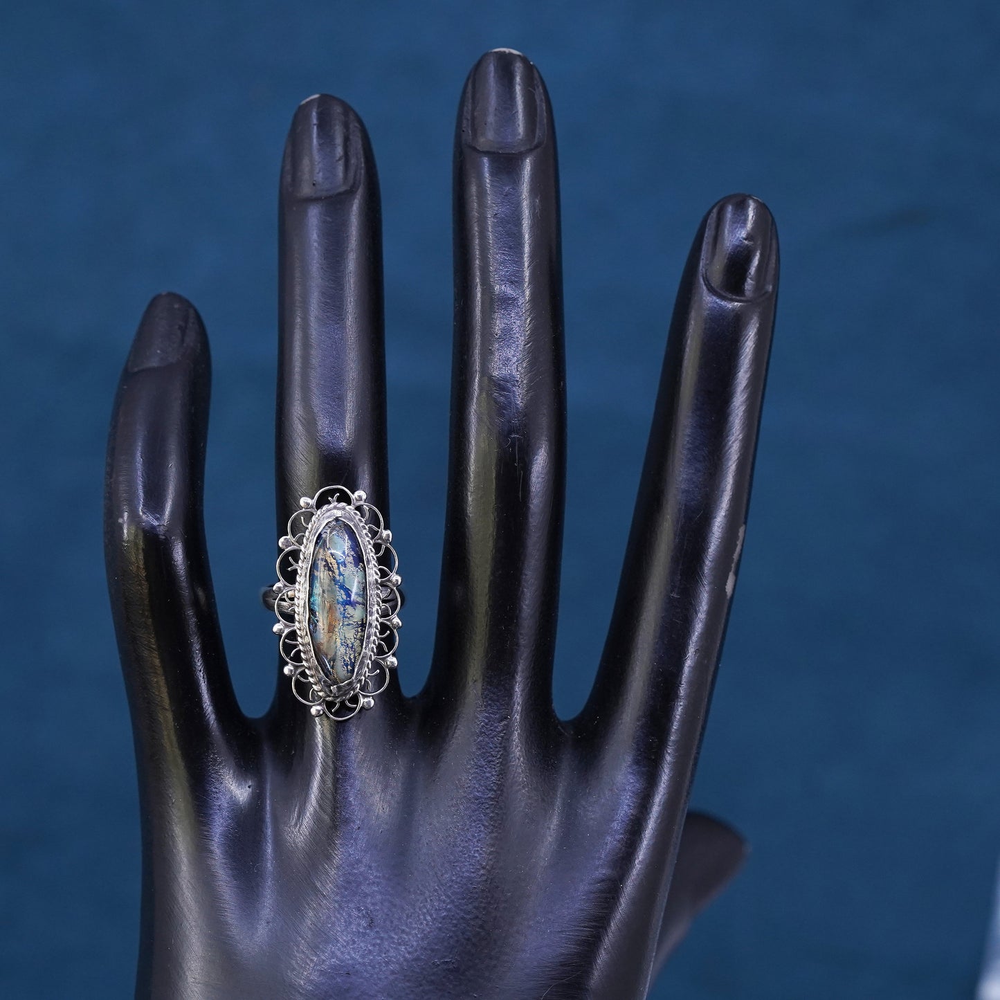 Size 6, vintage Mexico Sterling 925 silver handmade ring w/ golden foiled glass