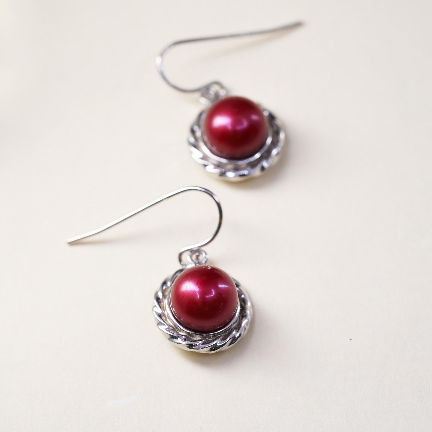 Vintage Sterling silver handmade earrings, 925 hooks with red pearl drops