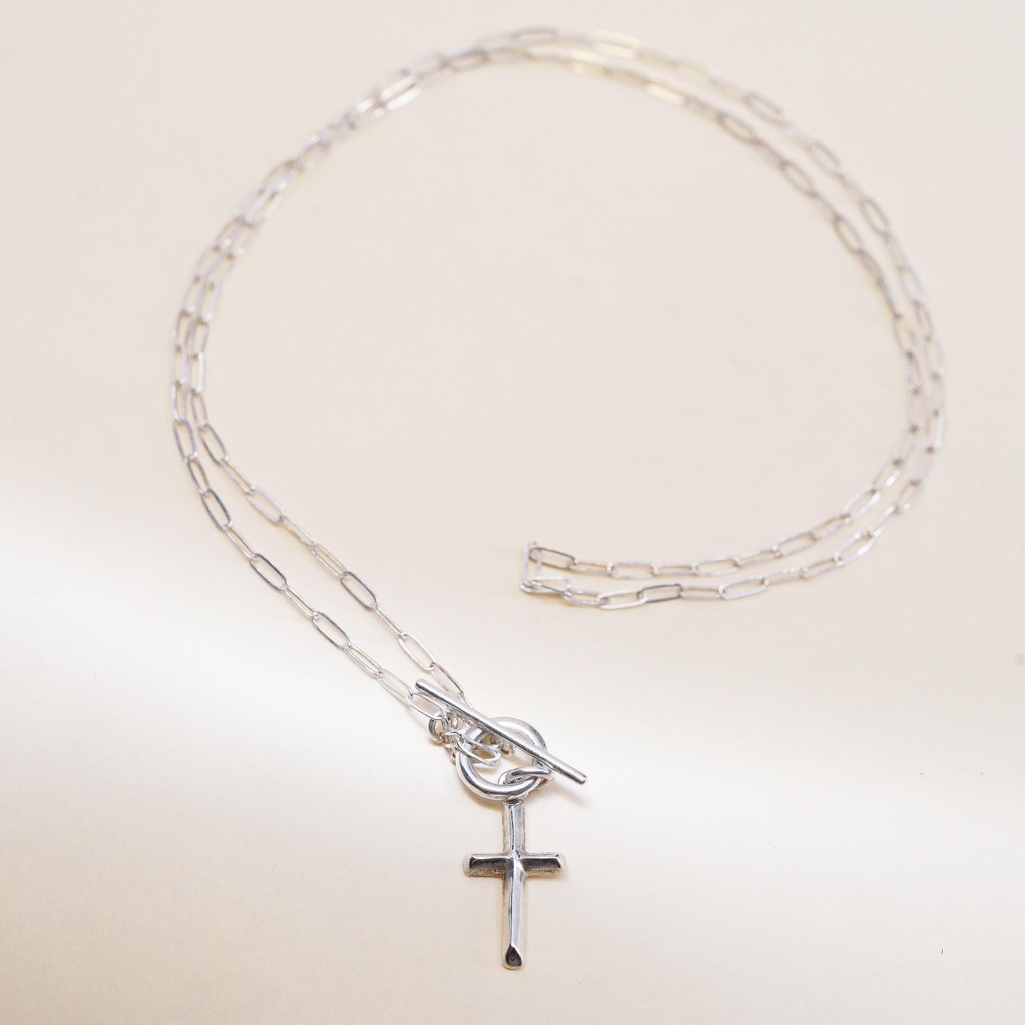 20”, sterling 925 silver necklace, cross pendant elongated chain toggle closure