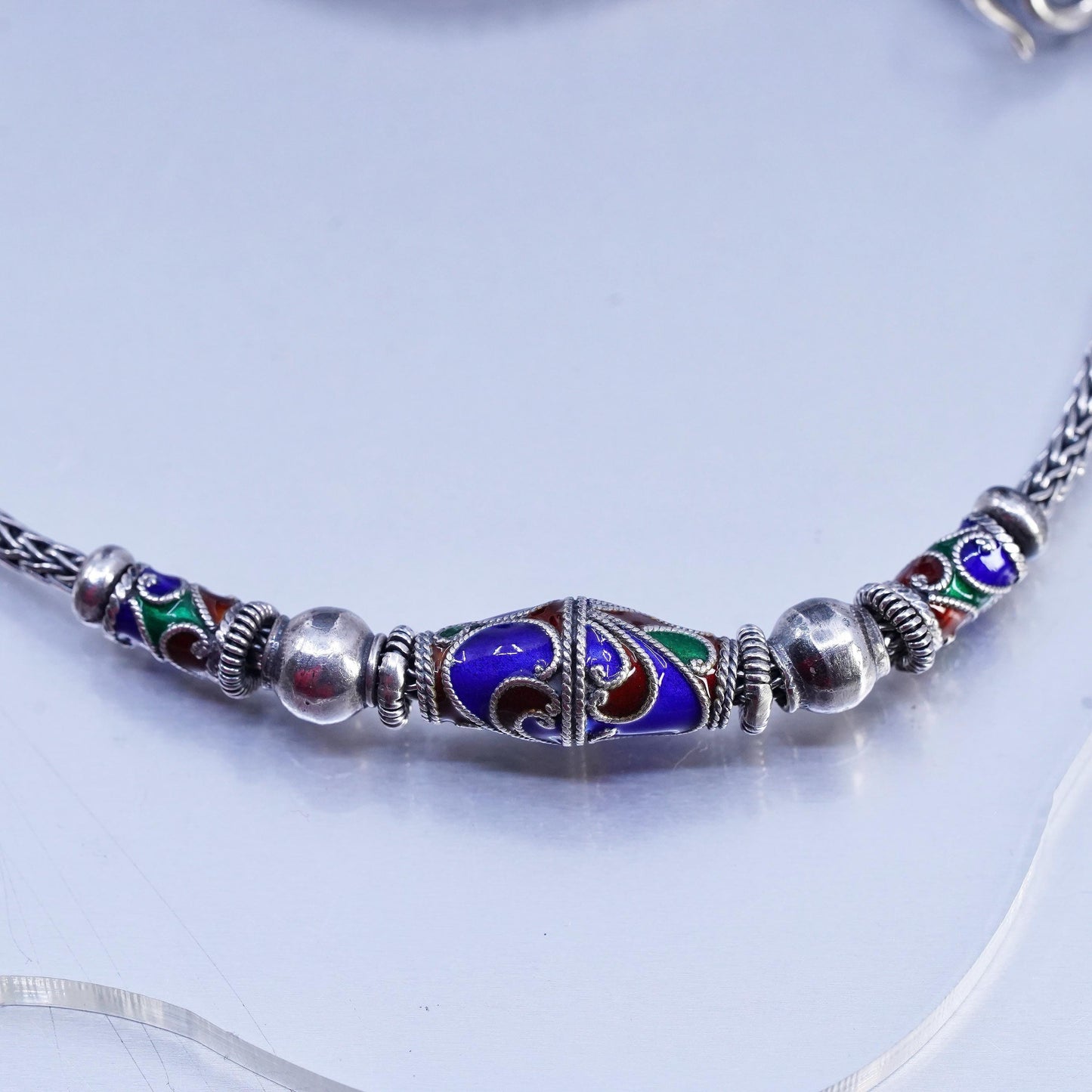 18", Sterling 925 silver bold wheat chain necklace enamel slide bead pendant