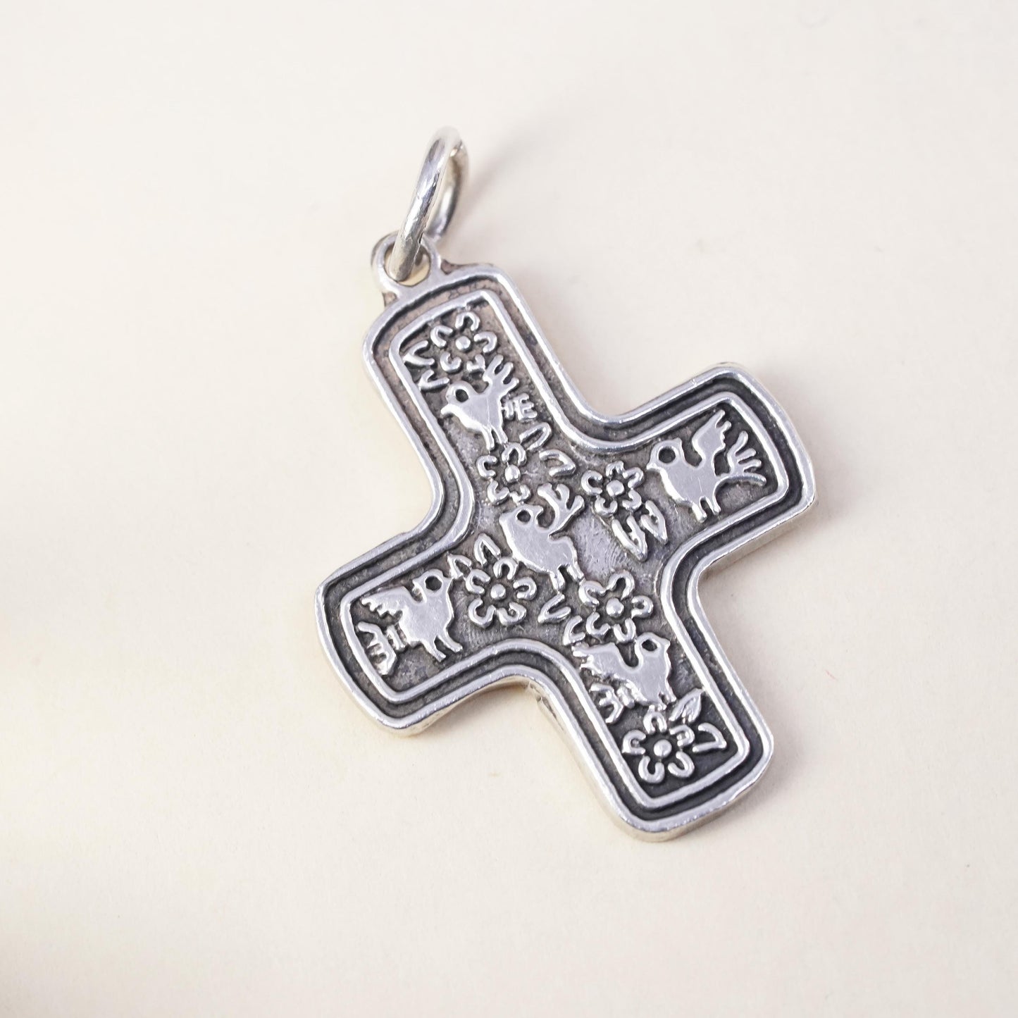 Vintage handmade Sterling silver pendant, 925 cross charm with rose flower