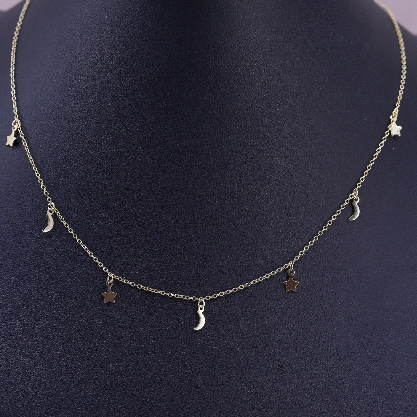 12+3", vermeil gold Sterling silver necklace, 925 circle chain moon star charms