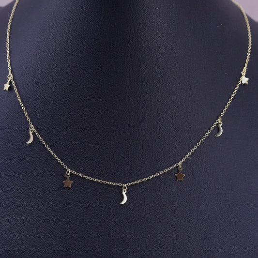 12+3", vermeil gold Sterling silver necklace, 925 circle chain moon star charms