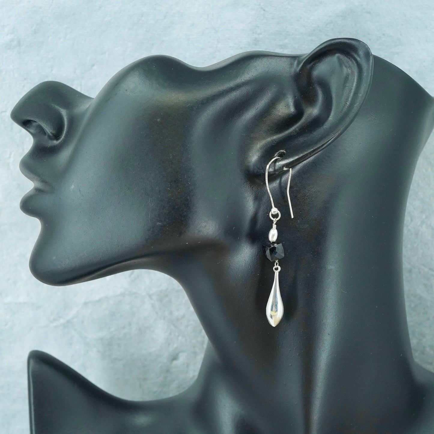 Vintage Sterling 925 silver handmade rectangular earrings with obsidian