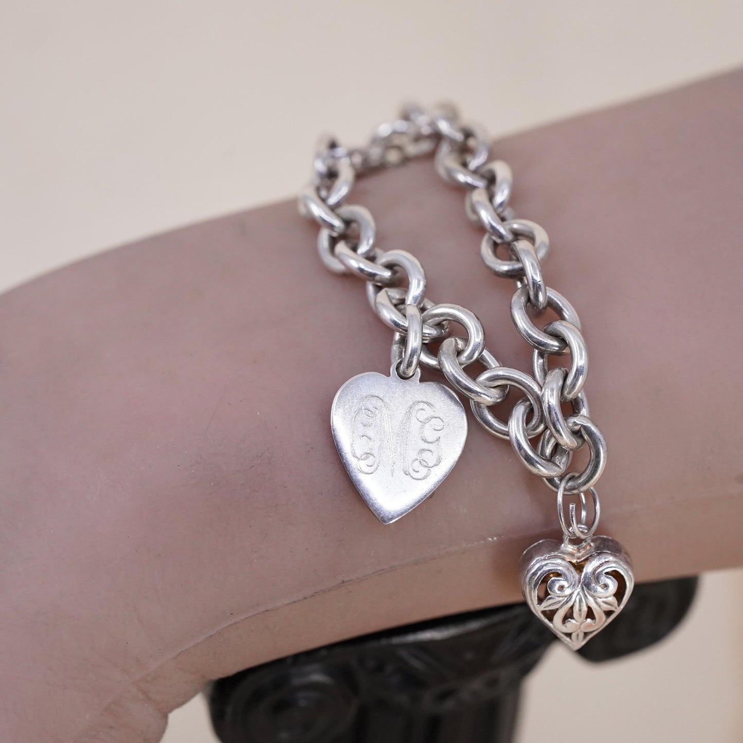 5.25", Vintage sterling silver bracelet, 925 filigree heart charm monogram CGM