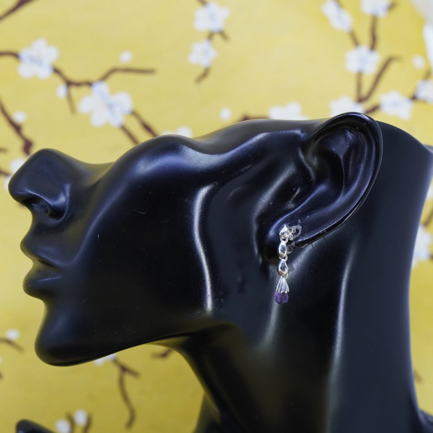 Vintage Sterling 925 silver handmade teardrop earrings with amethyst