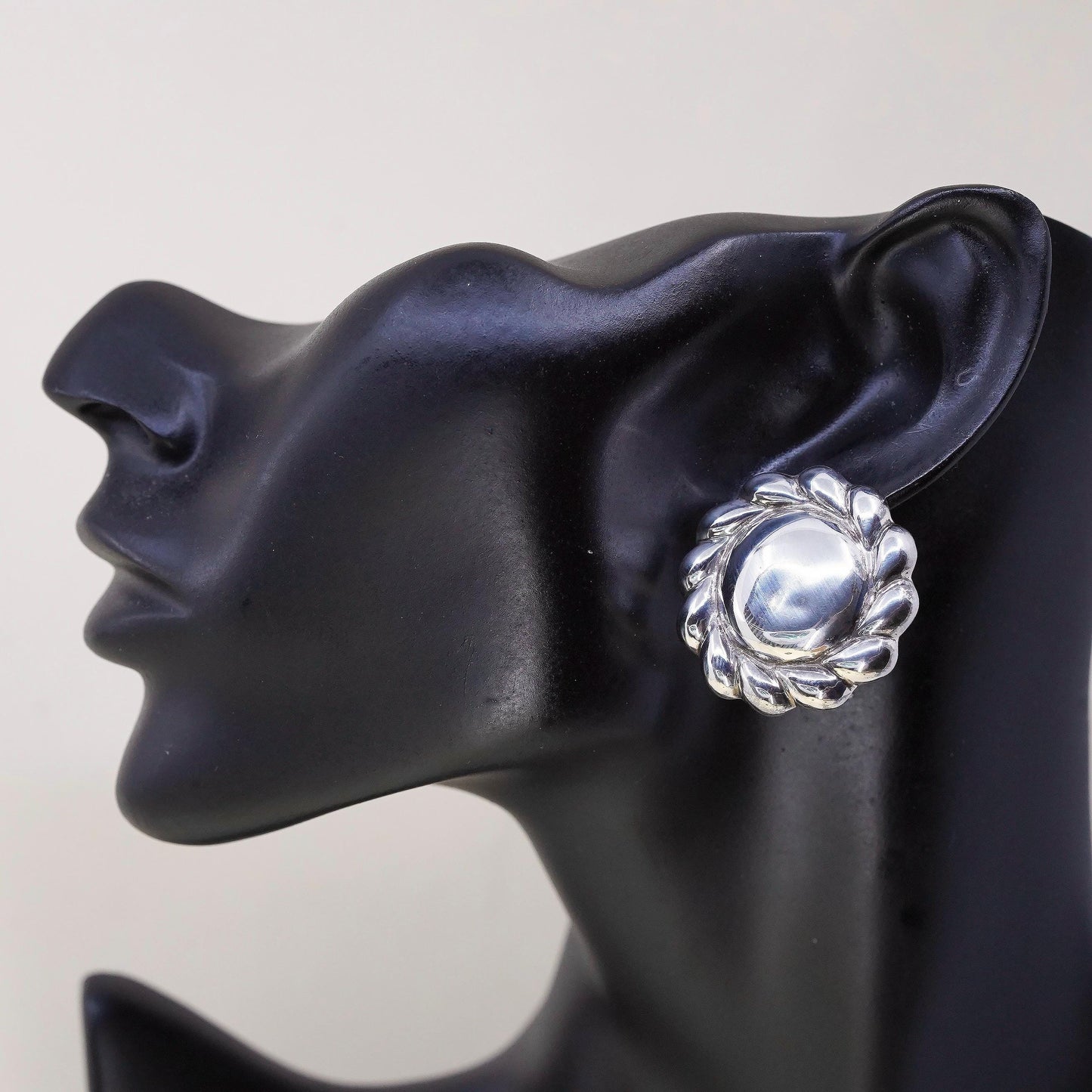 vintage Modern handmade Sterling clip on, 925 round puffy floral earrings