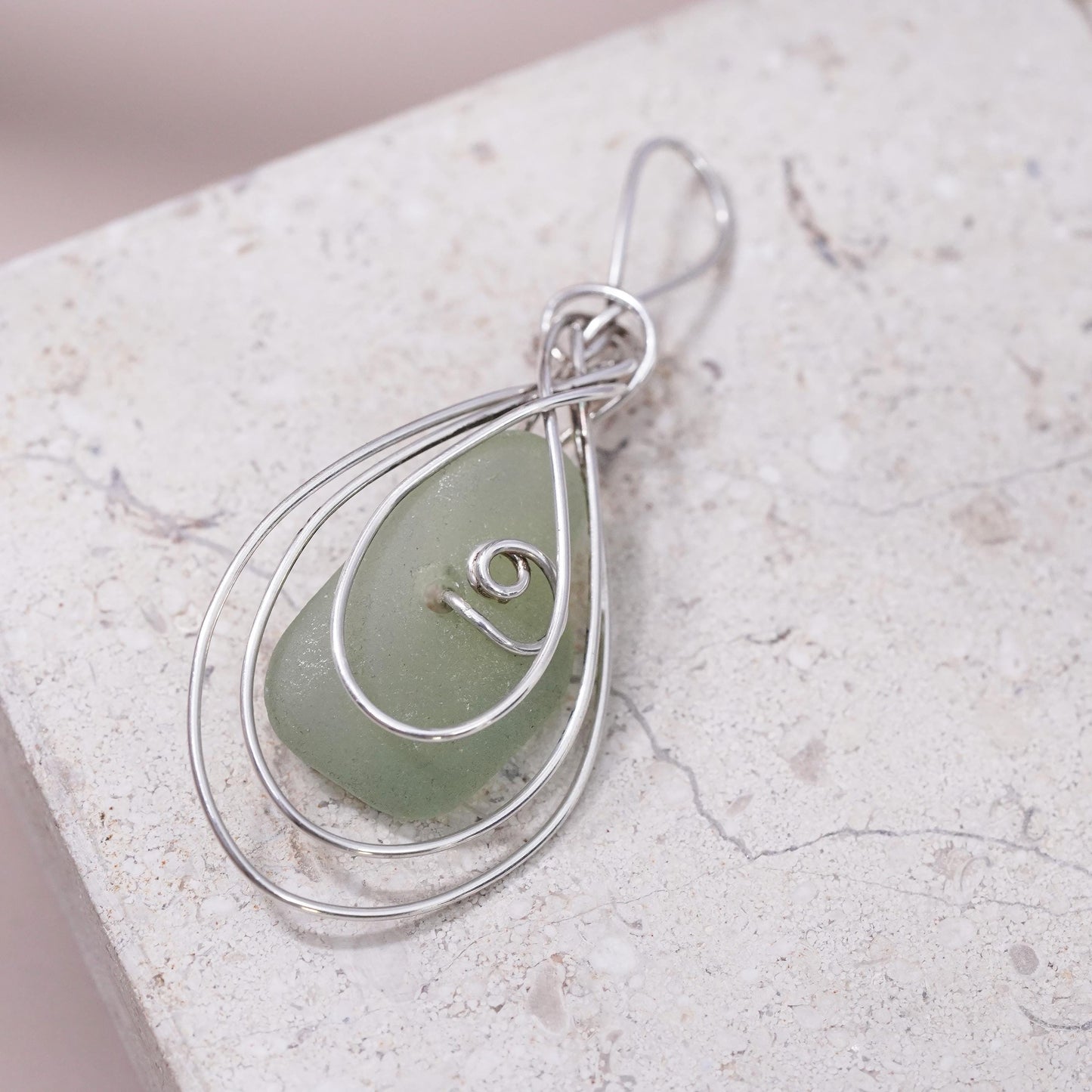Vintage sterling silver handmade pendant, 925 silver wire with sea washed glass