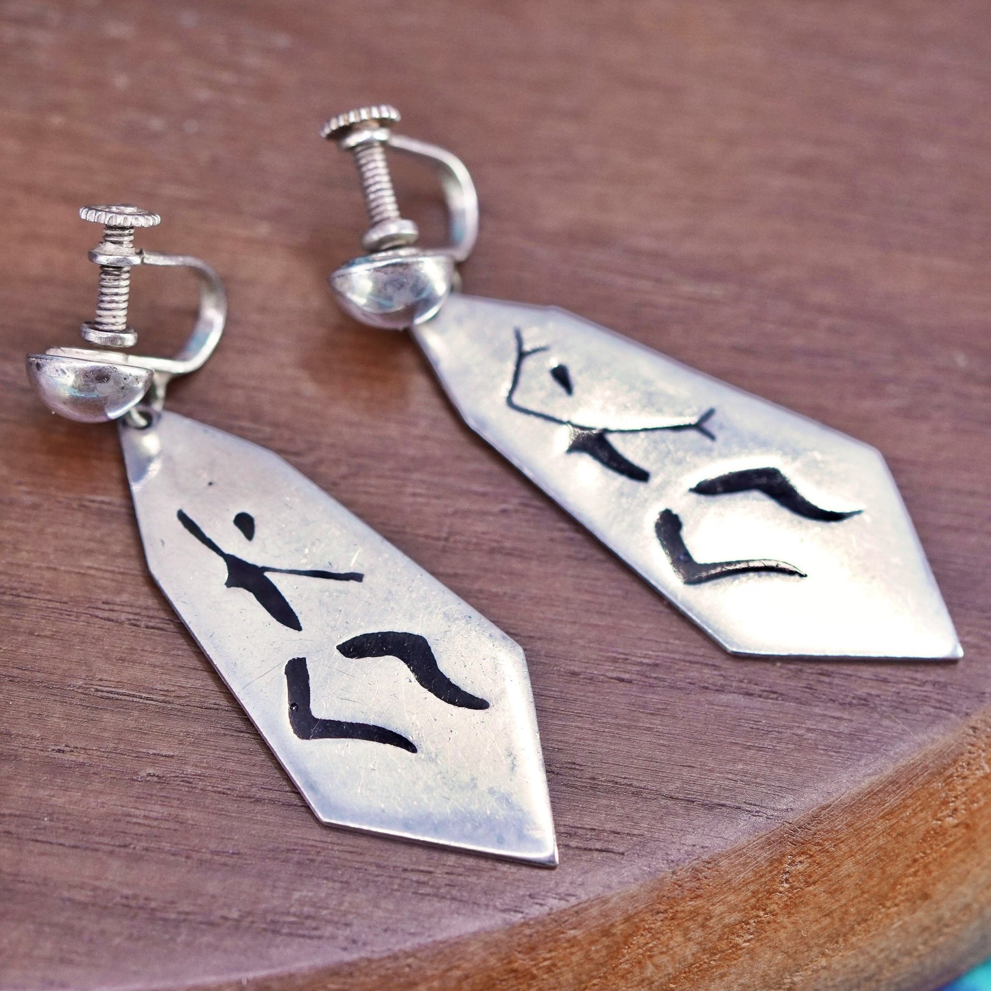 vtg Mexico Sterling Silver handmade RSS Screwback Dangle Earrings with dancer