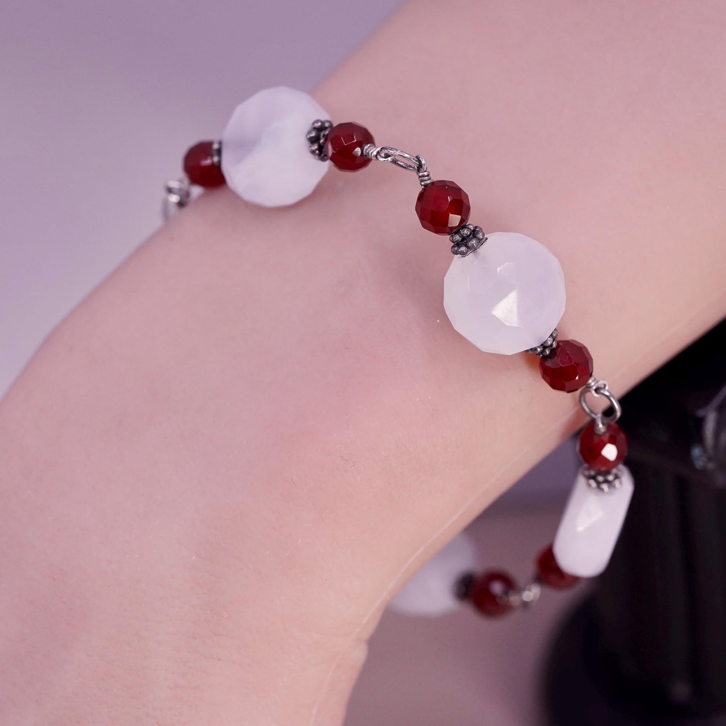 6.75”, vtg sterling silver handmade bracelet, 925 w/ turquoise N carnelian bead