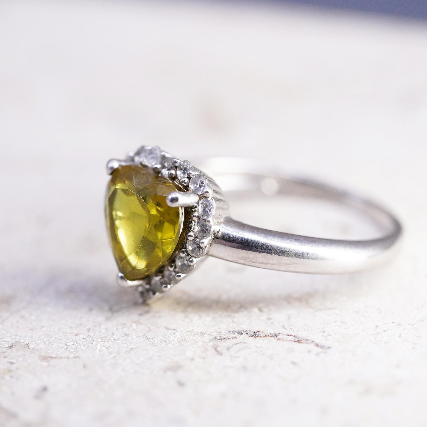 Size 7, VTG 925 Sterling Silver Heart Cut Yellow Citrine Halo Ring, Heart Ring