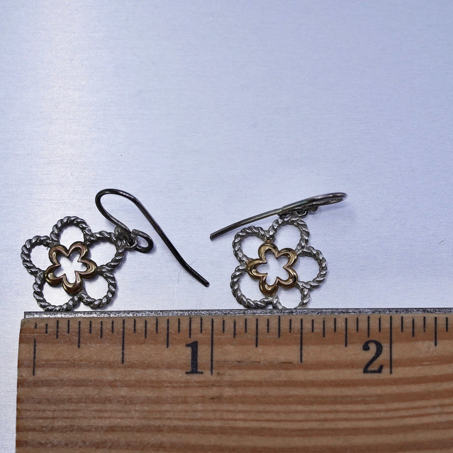 Vintage two tone Sterling 925 silver handmade earrings, flower dangles