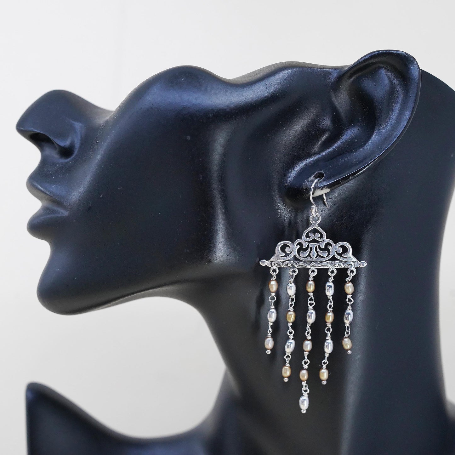 DP Doug Paulus Indian sterling silver 925 fringe earrings cluster pearl dangles