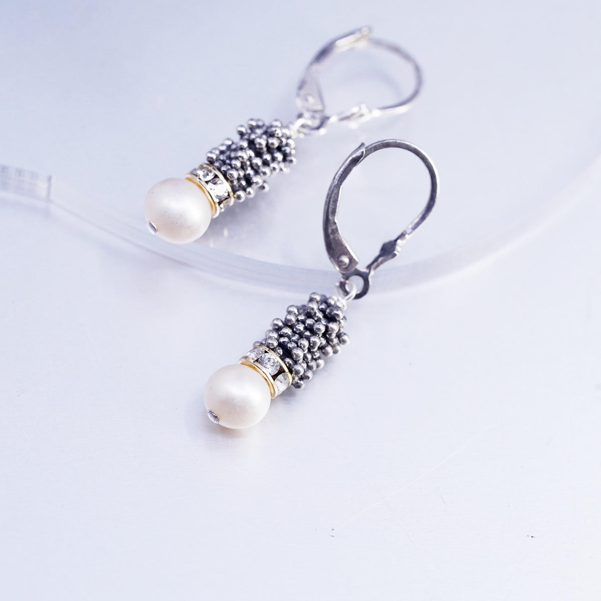Sterling Silver 925 Pearl Drop Earrings, Rhinestone Dangles, Oxidized Leverback