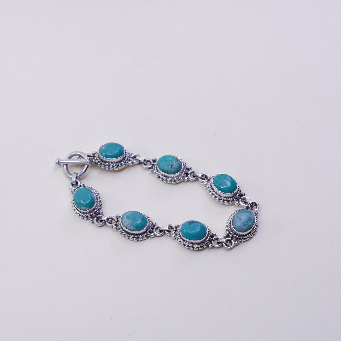 6.5”, vtg Mexico Sterling 925 silver handmade bracelet with turquoise and beads