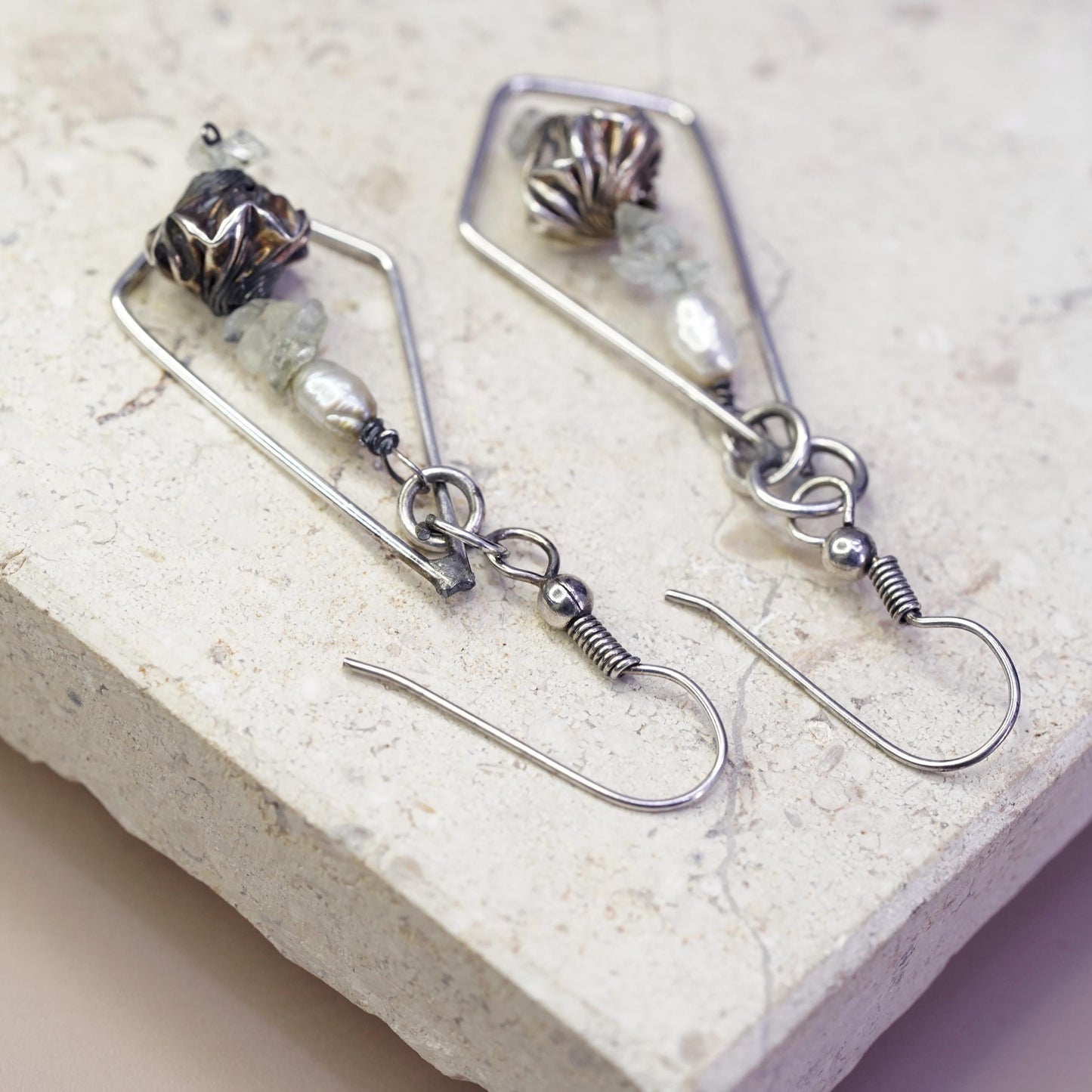 Vintage Sterling silver Handmade earrings, 925 teardrop dangled w/ pearl beads