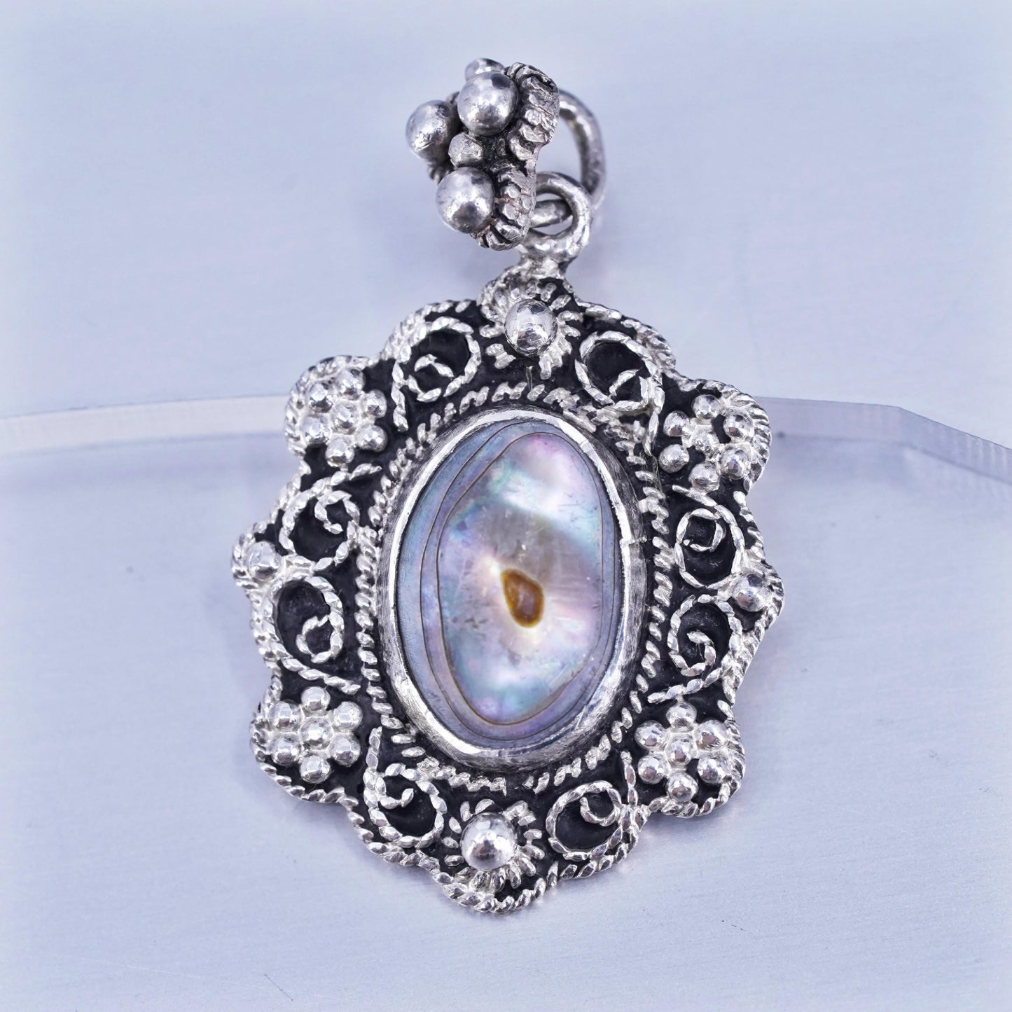 Vintage Sterling 925 silver handmade oval pendant with abalone inlay