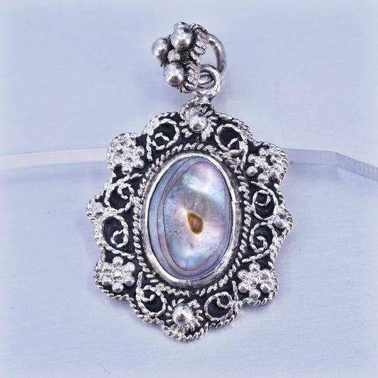 Vintage Sterling 925 silver handmade oval pendant with abalone inlay