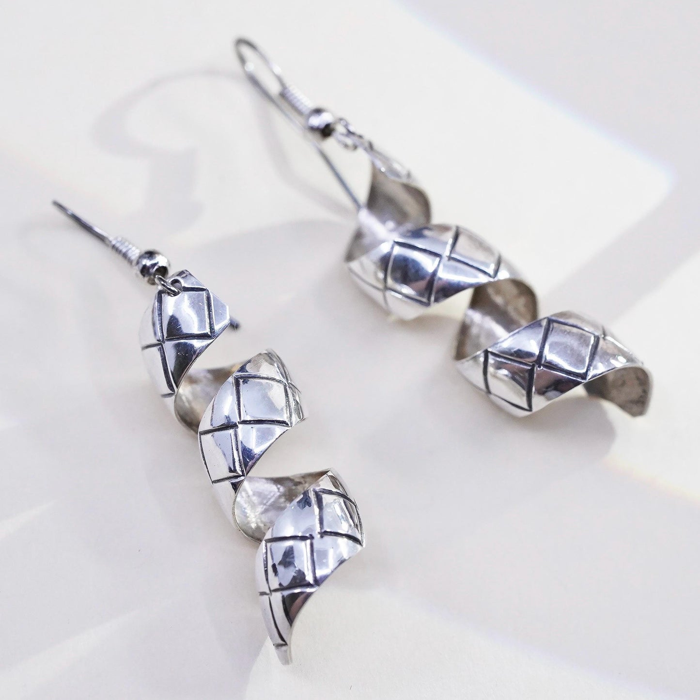 Vintage sterling silver handmade earrings, 925 twisted spiral dangles