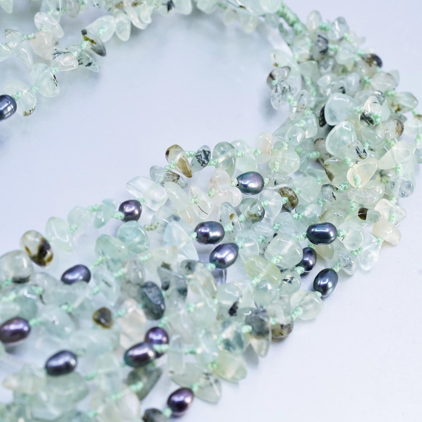 18", vintage multi strands jade bead linen thread necklace black pearl beads