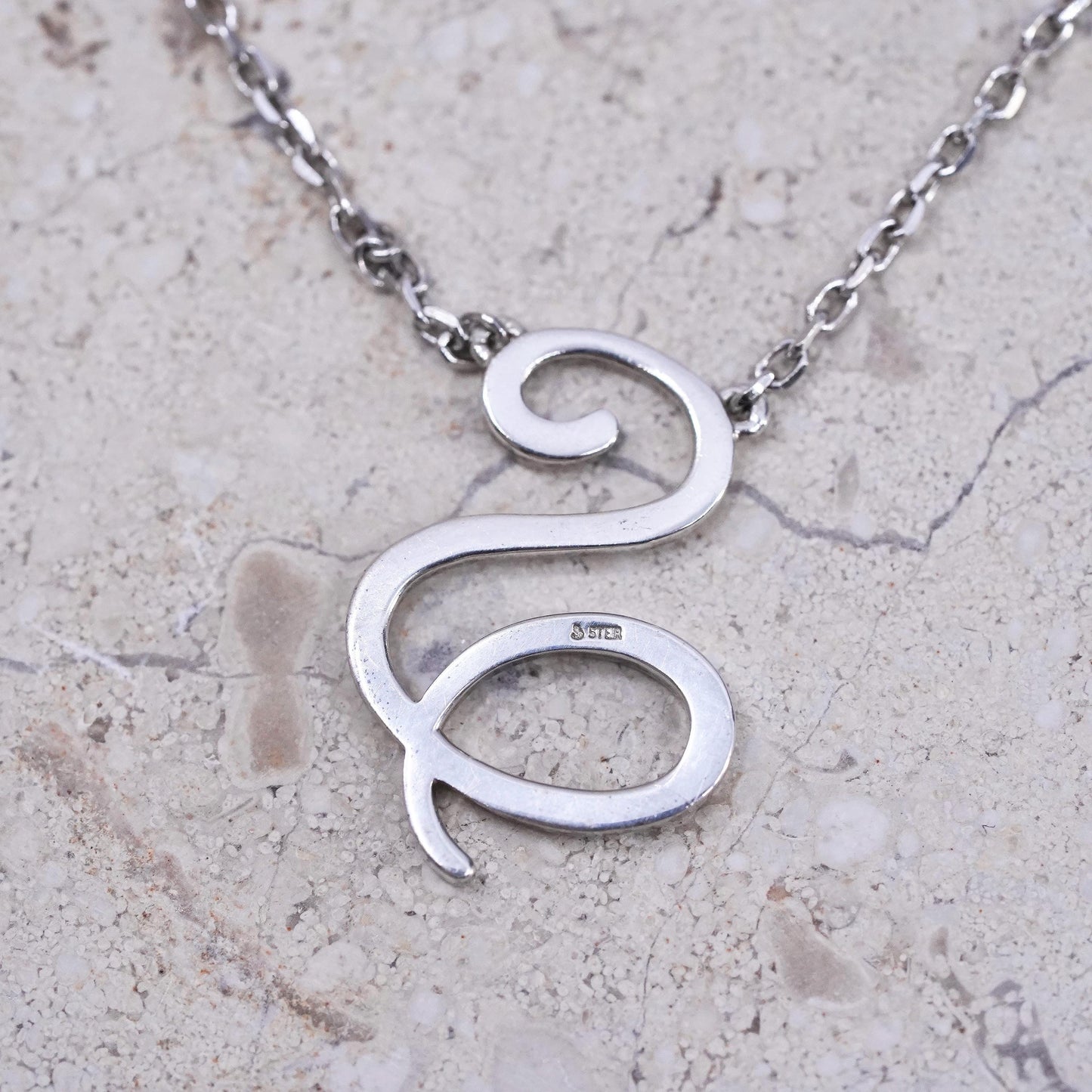 18", vintage Sterling silver necklace, 925 circle chain with letter S pendant
