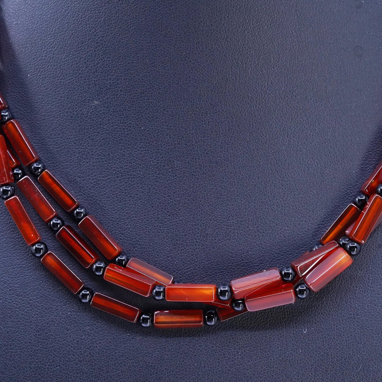 18" Sterling 925 Silver Multi Strands carnelian tube Necklace black onyx beads