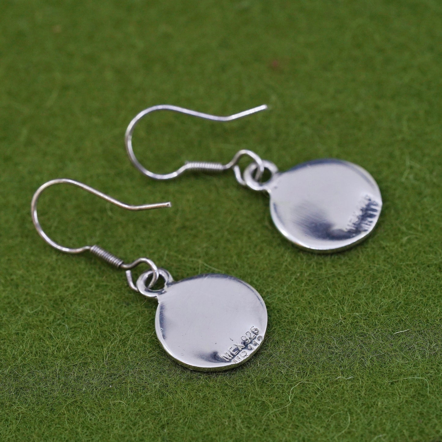 Vintage mexico sterling silver handmade earrings, 925 mayan calendar tag dangle
